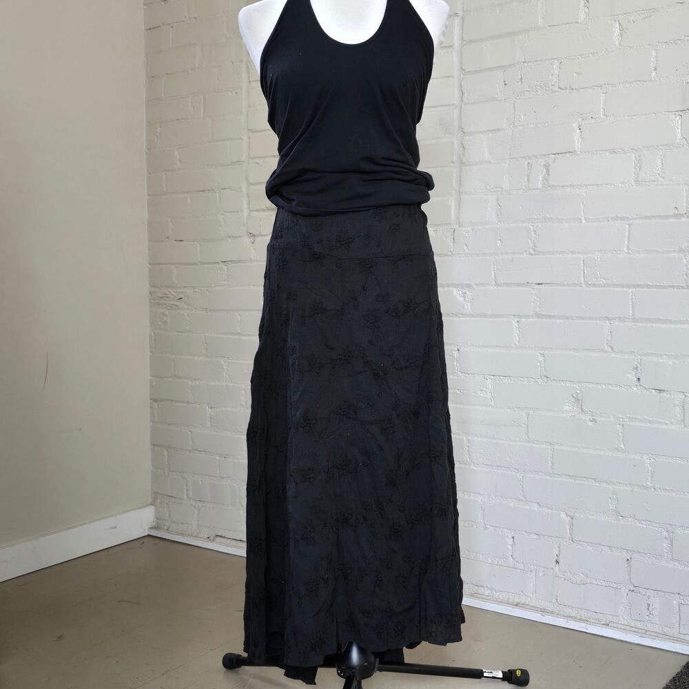 Whimsigoth Black Floral Embroidered Cotton Flowy Midi Skirt Boho Cottegecore